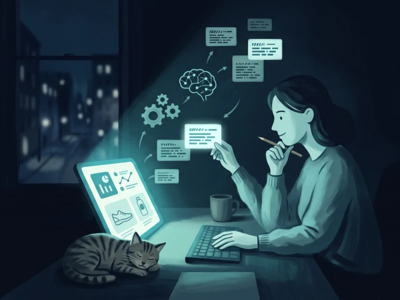 Person at a desk using a glowing laptop, surrounded by floating notes and a brain/gear icons, with a cat sleeping nearby at night.