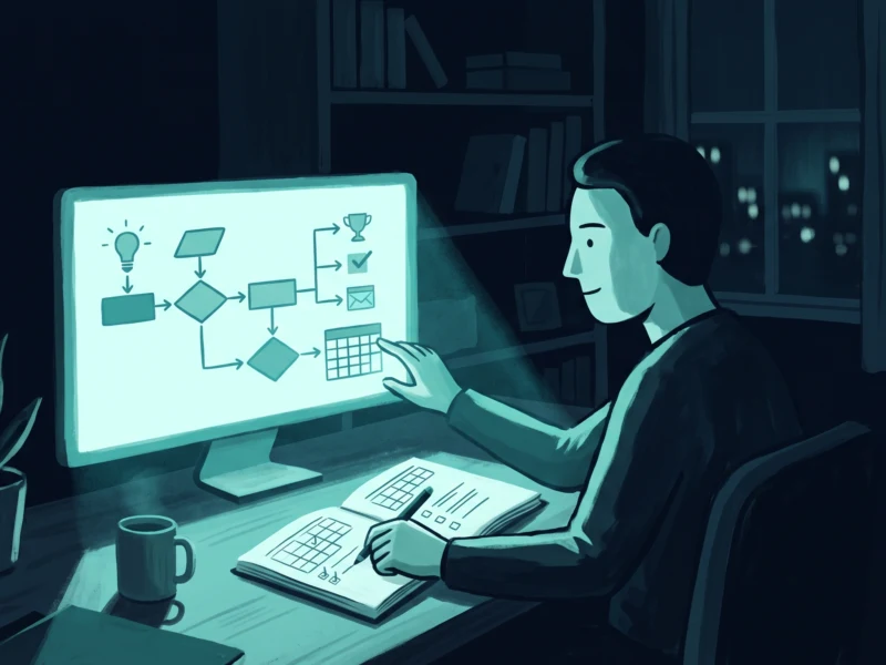 Person at night working at a desk, analyzing a flowchart on a large monitor with a notebook and coffee nearby.