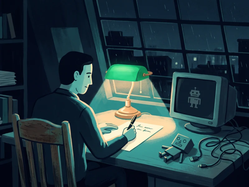 Person works late at a cluttered desk, writing on paper under a green lamp as rain pours outside the window, computer screen shows a robot icon.”] ,