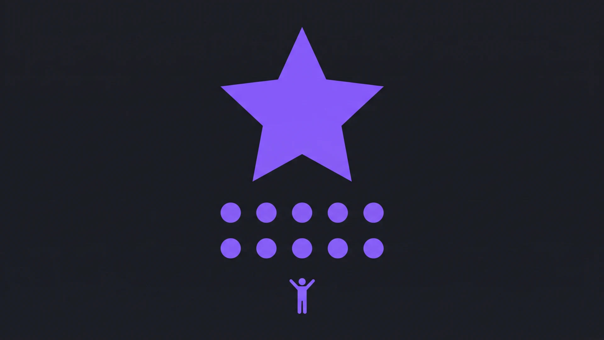 Purple five‑point star above rows of purple circles, with a small person silhouette at the bottom celebrating against a dark gradient background.
