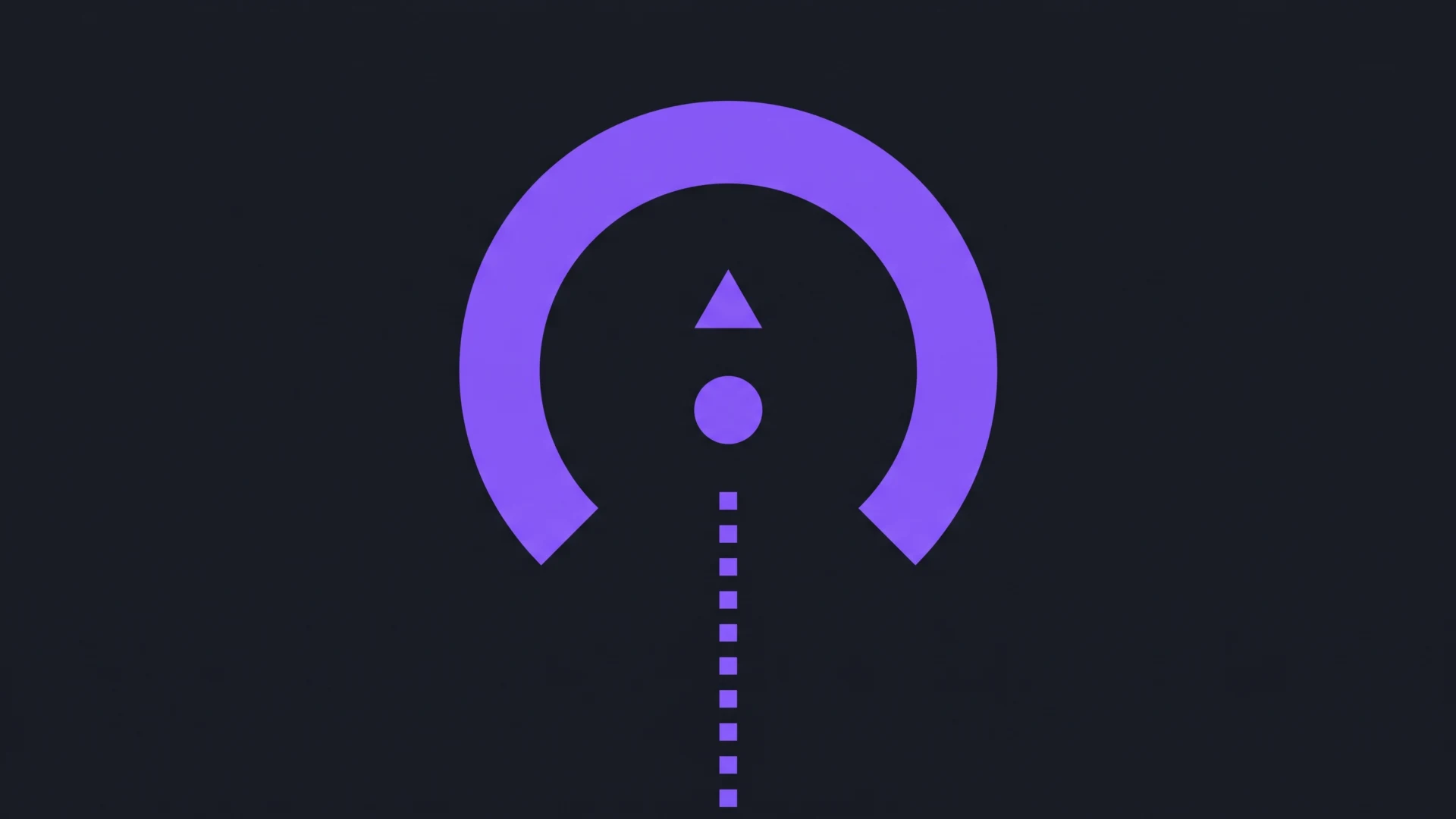 Abstract purple warning/alert icon on a dark background, featuring an exclamation point under a curved arc and a dotted vertical line beneath.