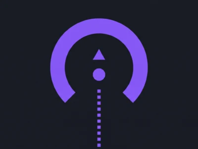 Meridian wygrywa dzień na Product Huncie Oto 10 aplikacji które warto znać - Promptowy Abstract purple warning/alert icon on a dark background, featuring an exclamation point under a curved arc and a dotted vertical line beneath.