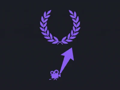 Purple laurels forming a half-circle above a small purple film camera on a dark gradient background, suggesting an award or achievement in film.