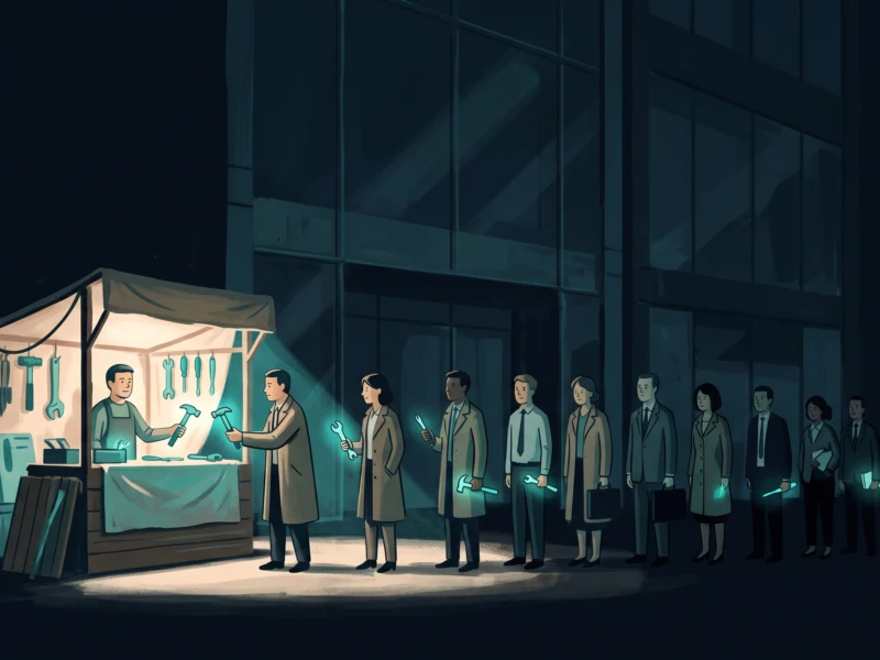 Night scene of a glowing tool stall with a man selling tools to a line of customers outside a dark building.