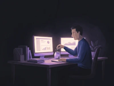 Person at a desk working late at night, two monitors display charts, with a steaming mug and stacks of papers nearby.
