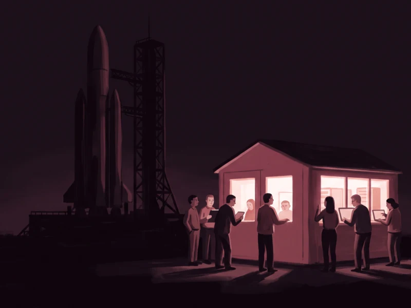 Nighttime spaceport scene with rockets beside a glowing viewing pavilion and people gathered around it.