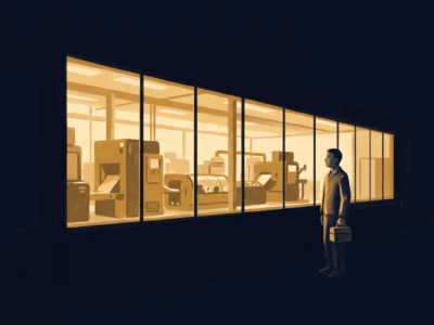 Man with a briefcase stands outside a brightly lit glass-walled office at night.