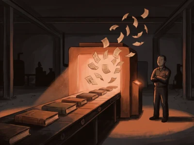 Worker stands with folded arms beside a conveyor belt as papers explode from a glowing orange machine in a dim warehouse."Note: descriptive scene of a production line with flying pages"