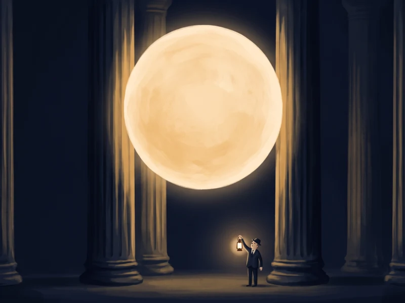 Man in suit holding lantern in a dark hall with tall columns and a giant glowing moon behind.