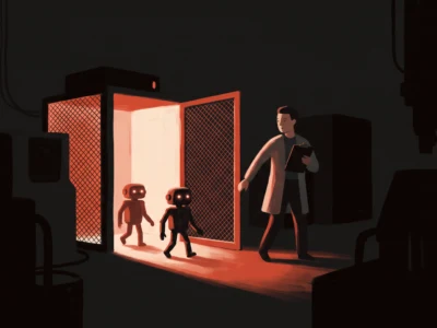 Scientist with a clipboard watches two small orange-lit robots entering a glowing doorway in a dark lab setting