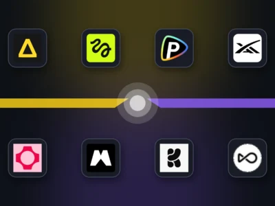 Stylized app launcher with eight circular icons around a central hub and two colored lines (yellow and purple) crossing the screen.