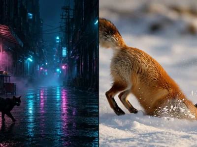 Split image: left side shows a neon-lit, wet city alley with a black cat; right side shows a red fox digging in the snow.