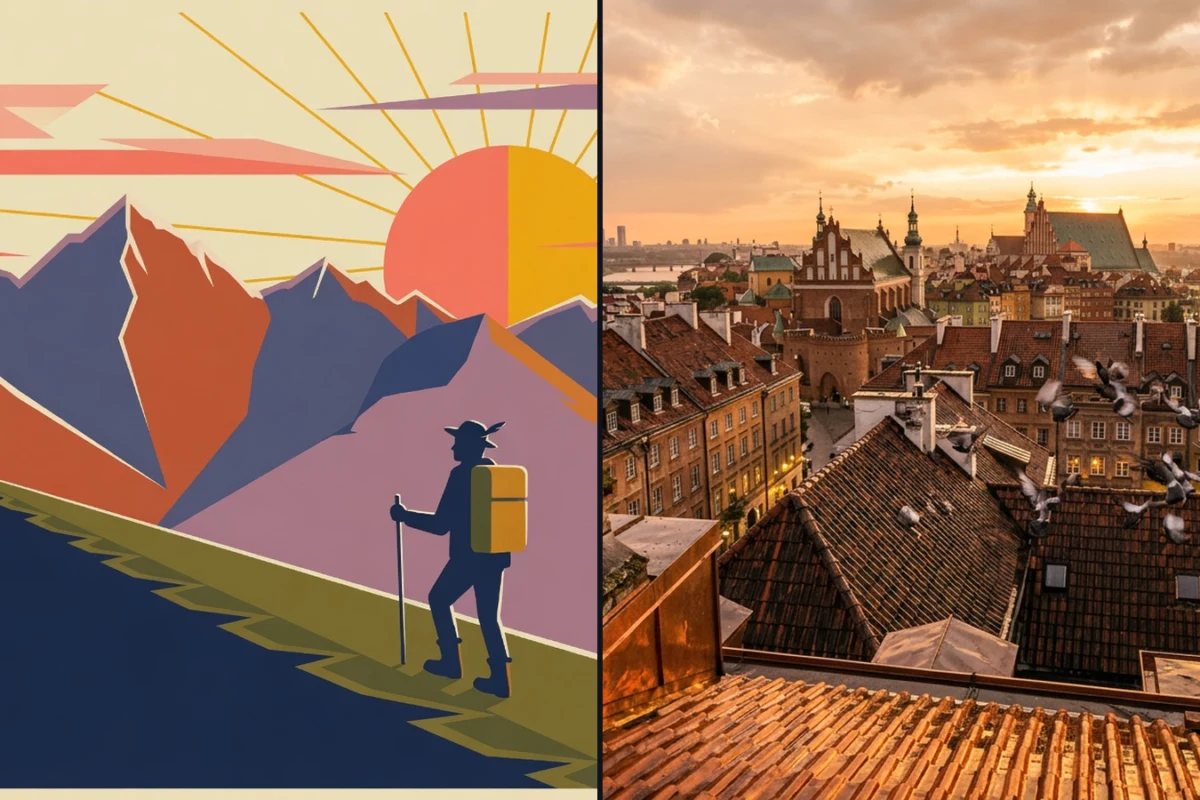 Left: a stylized mountain landscape with a hiker carrying a yellow pack at sunrise; right: a warm sunset over a European city with red roofs and spires.
