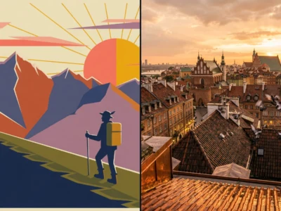 Left: a stylized mountain landscape with a hiker carrying a yellow pack at sunrise; right: a warm sunset over a European city with red roofs and spires.