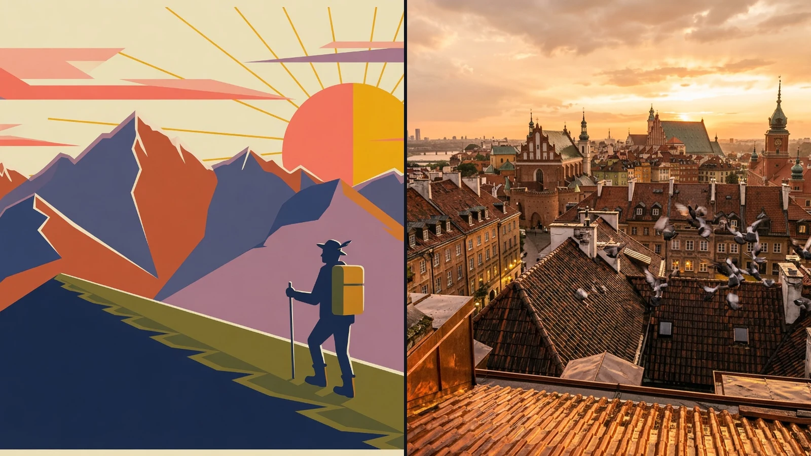 Left: a stylized mountain landscape with a hiker carrying a yellow pack at sunrise; right: a warm sunset over a European city with red roofs and spires.