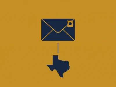 Envelope icon with a stamp above the Texas state outline, connected by a line on an orange background.