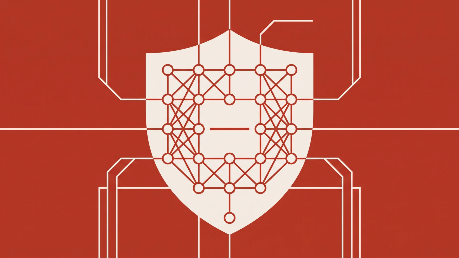 Abstract red background with a white shield overlaid by a red neural network diagram.