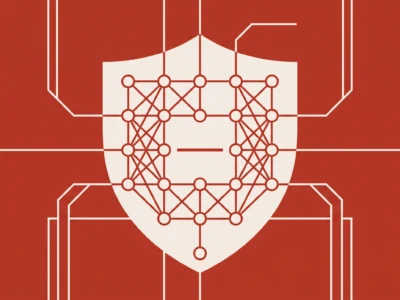 OpenAI wstrzymało część treningu AI z powodu zagrożeń dla cyberbezpieczeństwa - Promptowy Abstract red background with a white shield overlaid by a red neural network diagram.