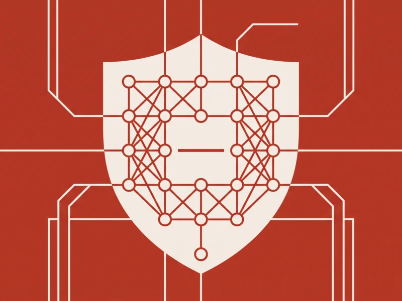 Abstract red background with a white shield overlaid by a red neural network diagram.