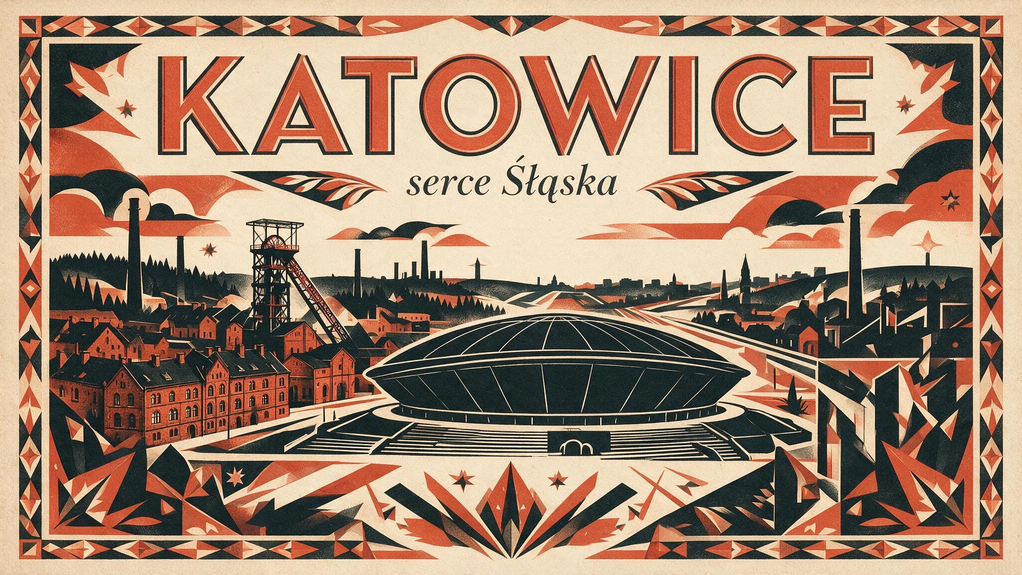 Plakat art deco: Katowice z błędem w podtytule