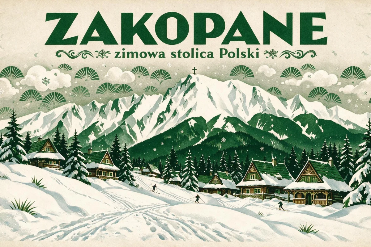 Vintage poster advertising Zakopane as Poland's winter capitol, showing snowy mountains, evergreen trees, and cozy alpine lodges with skiers in a alpine village setting.