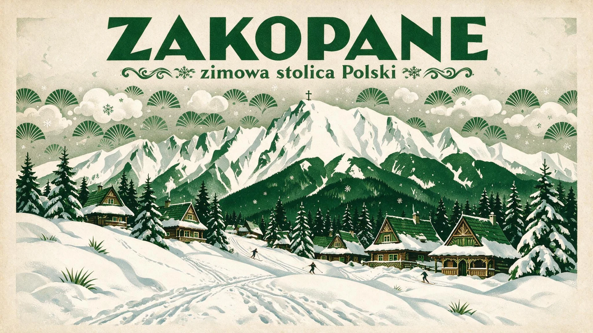 Vintage poster advertising Zakopane as Poland's winter capitol, showing snowy mountains, evergreen trees, and cozy alpine lodges with skiers in a alpine village setting.