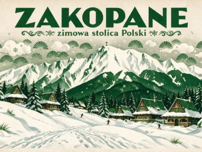 Vintage poster advertising Zakopane as Poland's winter capitol, showing snowy mountains, evergreen trees, and cozy alpine lodges with skiers in a alpine village setting.