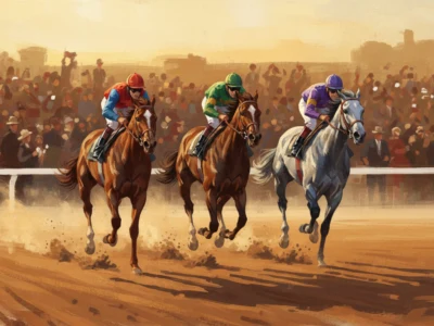 Three horses with jockeys race down a dirt track as a crowded grandstand watches.