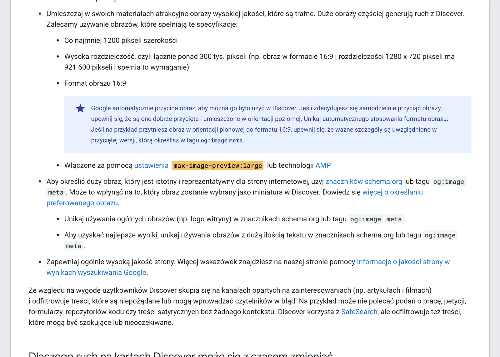 Dokumentacja Google Discover z podświetlonym wymogiem obrazów 1200 px