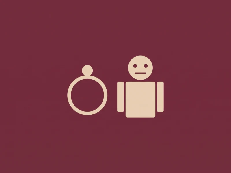 Icon of a person in a wheelchair beside a standing person on a burgundy background, conveying accessibility.