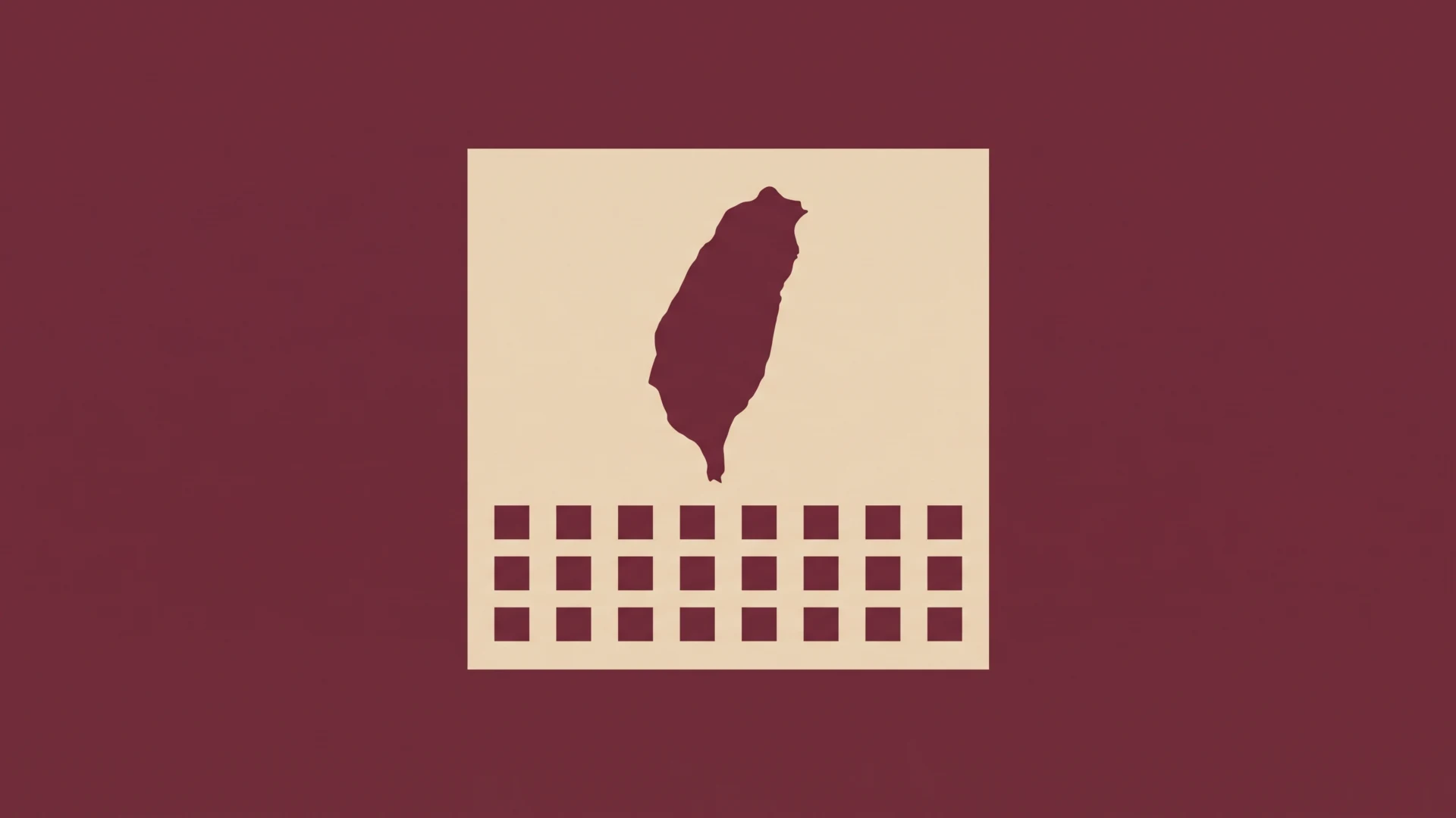 Tajwan urósł o prawie 13 dzięki popytowi na AI - Promptowy Dark maroon silhouette of Taiwan centered on a pale beige rectangle with a grid of small squares below against a maroon background.