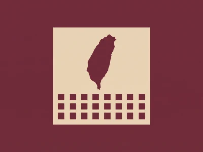 Dark maroon silhouette of Taiwan centered on a pale beige rectangle with a grid of small squares below against a maroon background.
