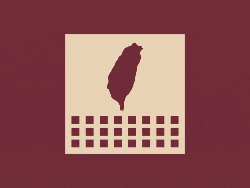 Dark maroon silhouette of Taiwan centered on a pale beige rectangle with a grid of small squares below against a maroon background.