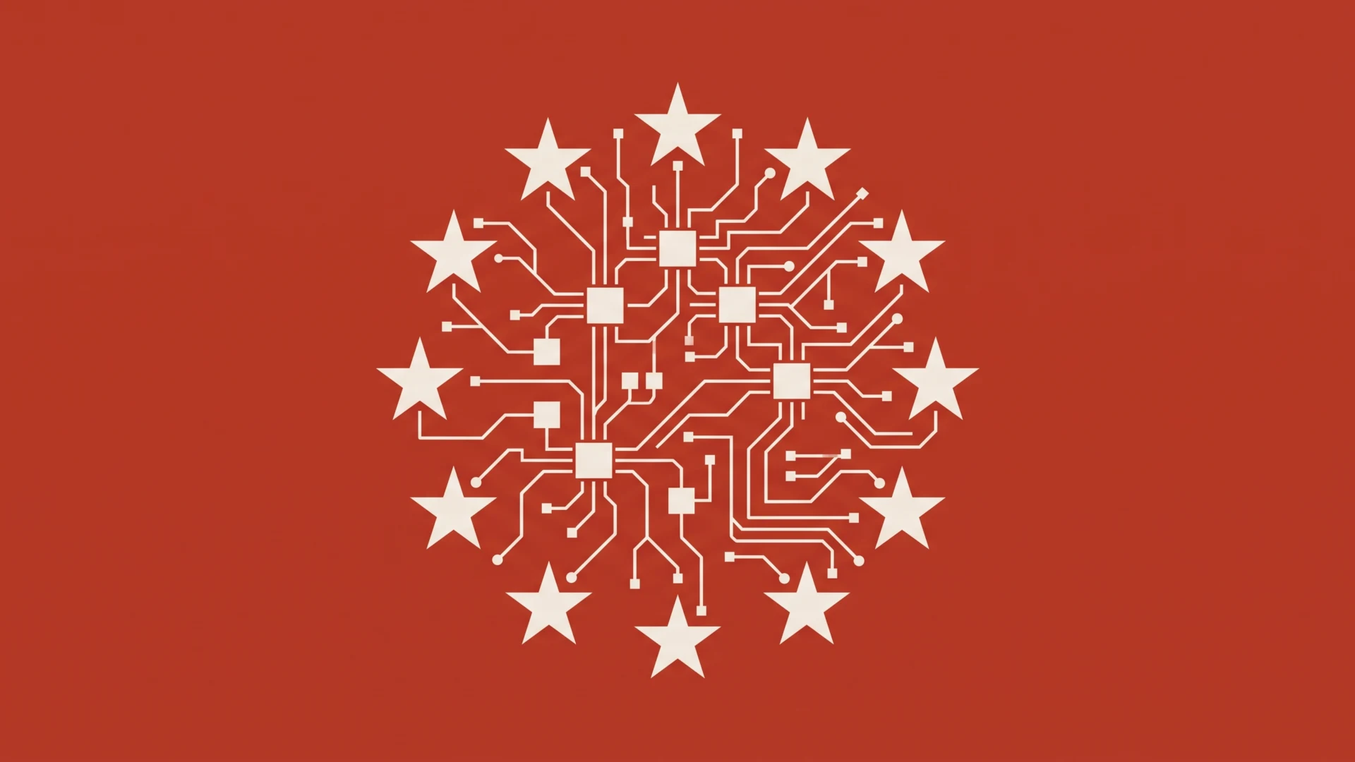 Circular white circuit diagram forming a tree on a red background, edged by white stars