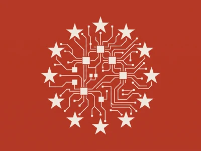 Circular white circuit diagram forming a tree on a red background, edged by white stars