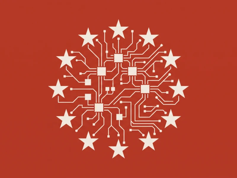 Circular white circuit diagram forming a tree on a red background, edged by white stars