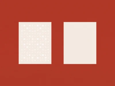 Two large white panels on a reddish background; the left panel is patterned with many small white shapes, the right panel is blank pale white.