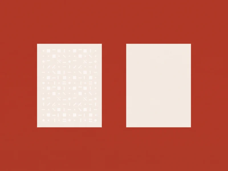 Two large white panels on a reddish background; the left panel is patterned with many small white shapes, the right panel is blank pale white.