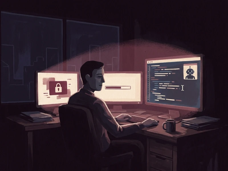 Person coding at a dim desk with three monitors; left screen shows a lock, right screen displays code and a small robot icon.
