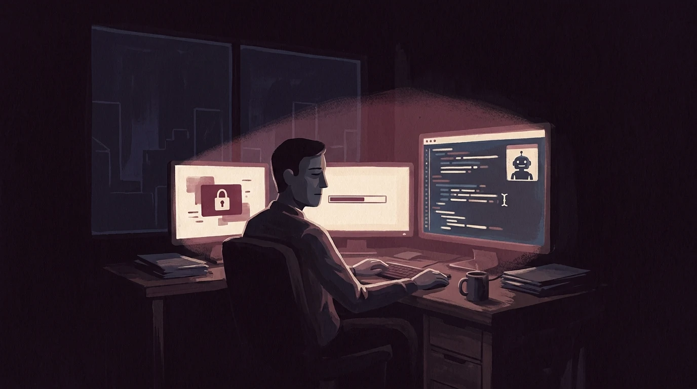 Person coding at a dim desk with three monitors; left screen shows a lock, right screen displays code and a small robot icon.