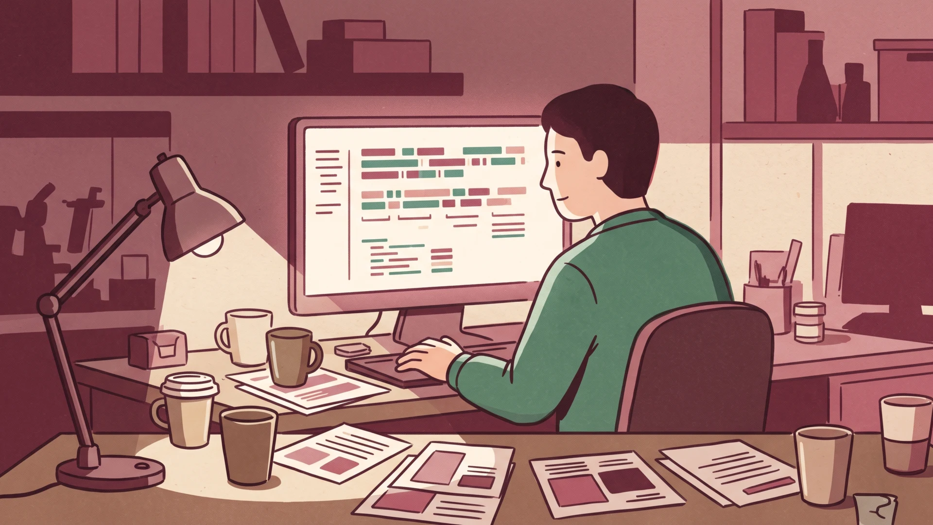 Coder seated at a desk, coding on a monitor with color-coded text, surrounded by papers, mugs, and a desk lamp in a cluttered home office.