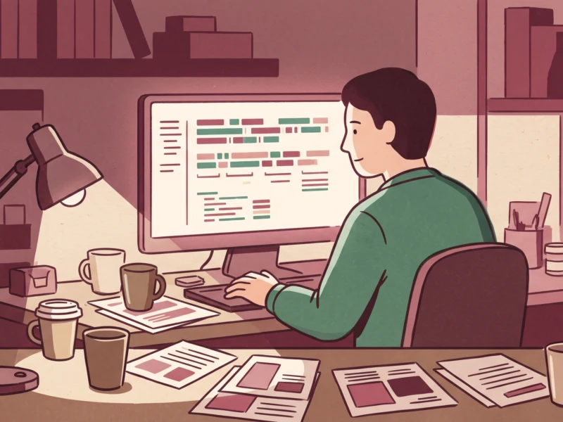 Coder seated at a desk, coding on a monitor with color-coded text, surrounded by papers, mugs, and a desk lamp in a cluttered home office.