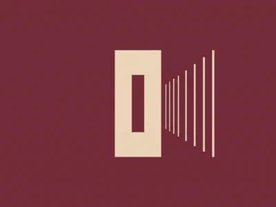 Abstract beige vertical bars forming a rising sequence beside a tall central block on a burgundy background.