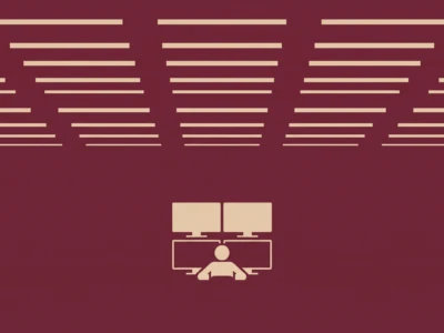 Maroon background with multiple beige horizontal text lines arranged like a document; below is an icon of a person shown on a computer monitor with a webcam and desk setup, suggesting a video conference.