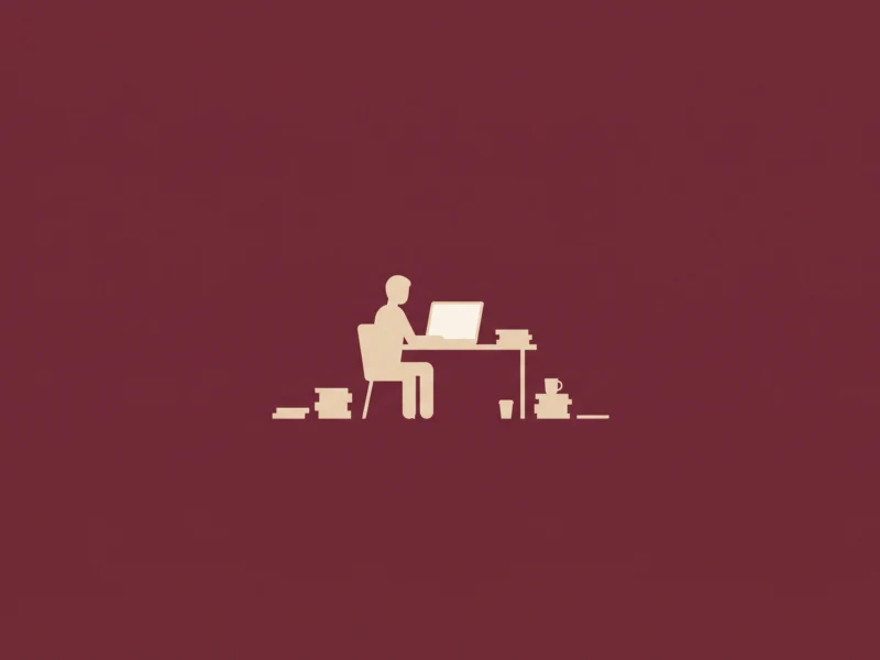 Silhouette of a person at a desk using a laptop, with a mug and stacks of files nearby.