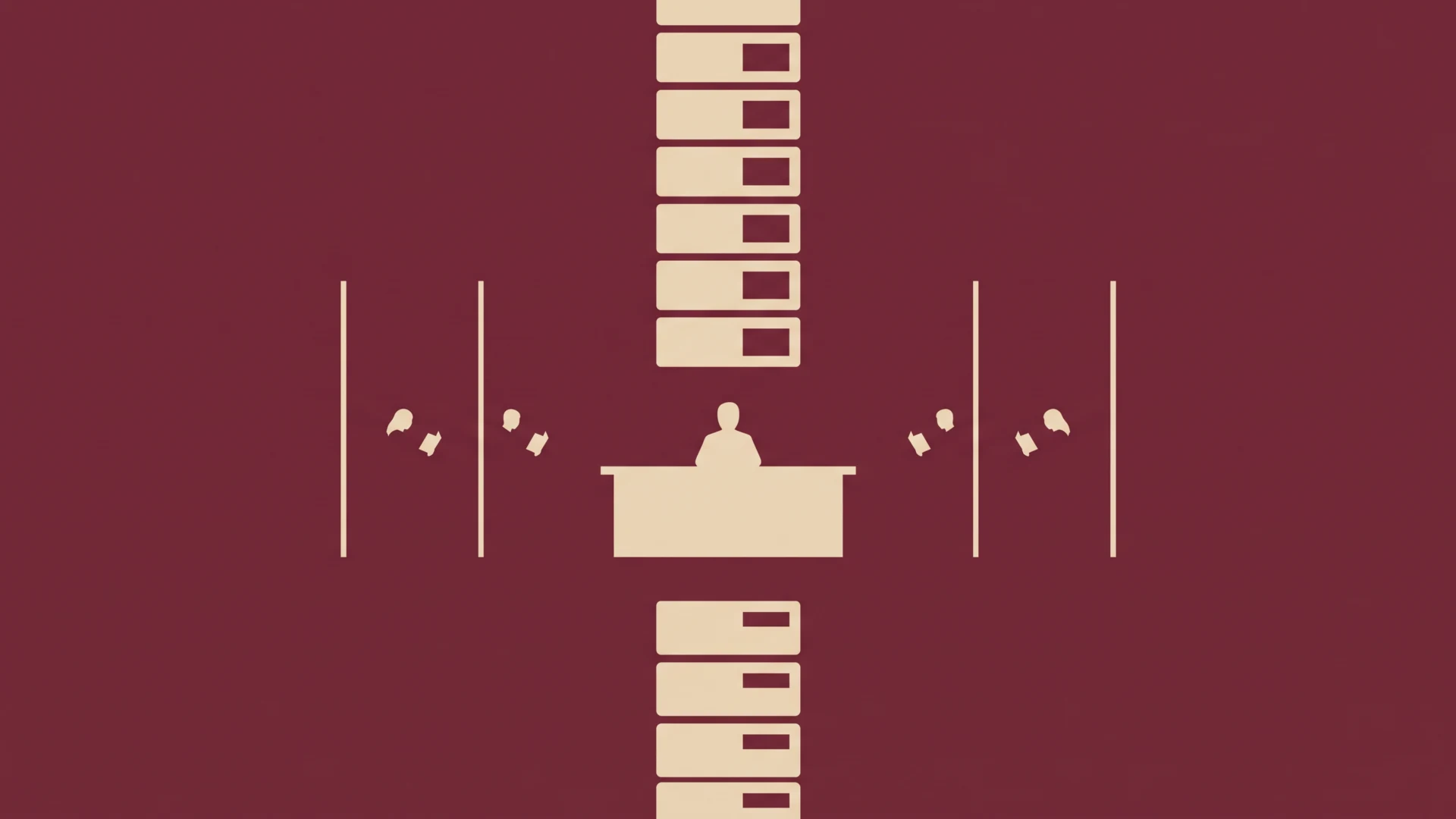 Silhouette of a person seated at a desk with a tall column of beige file boxes behind them on a burgundy background.