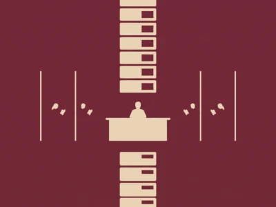 Zamknięcie dnia Miliard użytkowników i pytania których nikt nie zadaje - Promptowy Silhouette of a person seated at a desk with a tall column of beige file boxes behind them on a burgundy background.