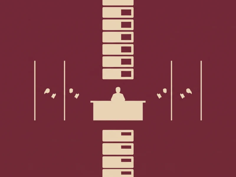 Silhouette of a person seated at a desk with a tall column of beige file boxes behind them on a burgundy background.
