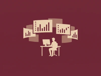 Silhouette of a person working at a desk with a computer, surrounded by floating charts and graphs.