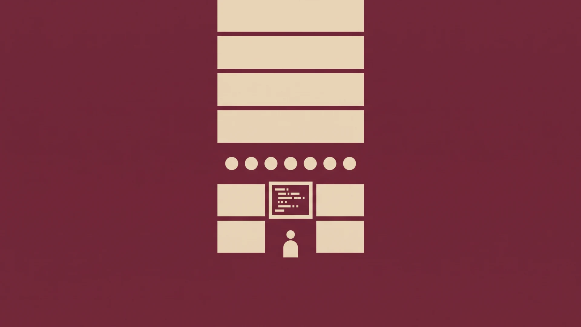 Abstract infographic with a central stack of beige blocks, rows of circles below, and a small monitor and a user icon at the bottom on a burgundy background.